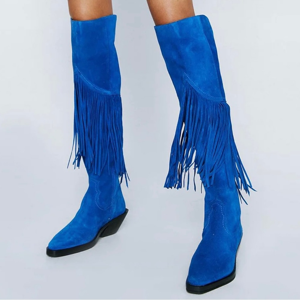 Nasty Gal Electric Blue Suede Fringe Over-the-Knee Boots